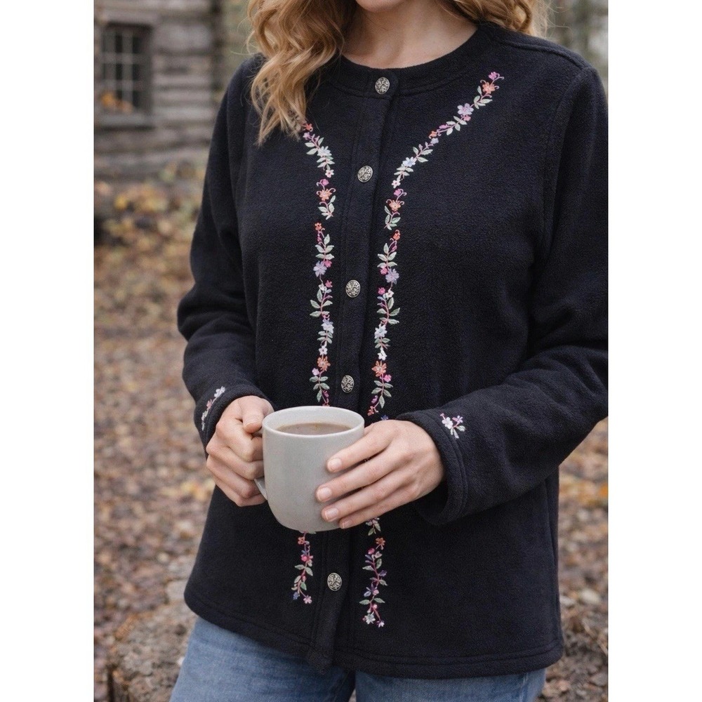 LL Bean Fleece Cardigan Women M Black Floral Embroidered Button Front